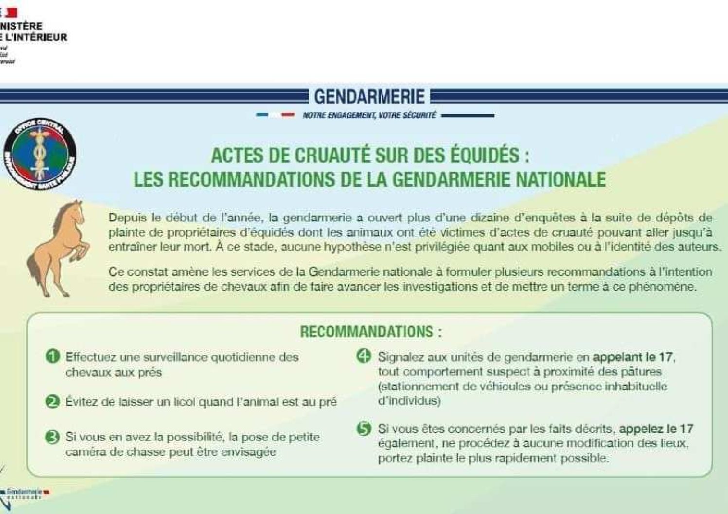 Suites aux actes de cruauté commis depuis le début de l’année sur des équidés, la Gendarmerie Nationale incite les propriétaires de chevaux à être vigilants et leur recommande notamment : […]